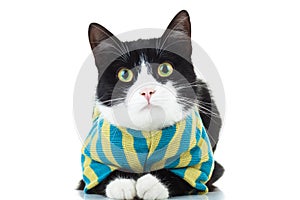 Black and white cat wearing clothes