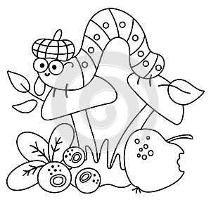 Black and white caterpillar in hat and glasses on mushroom. Vector outline autumn scene with cute insect. Fall season woodland