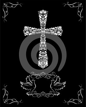 Black and white catholic vintage card with cross and frame with doves for baptism and Easter greeting