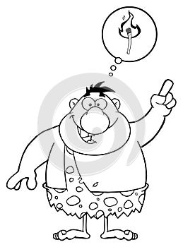 Black And White Caveman Cartoon Character With A Big Idea And Speech Bubble.