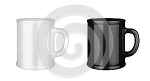 Black and white ceramic cups set white background isolated closeup, 2 mugs with handle, blank drinking glasses, beverage, ceramics