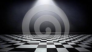 black and white checkerboard background with light