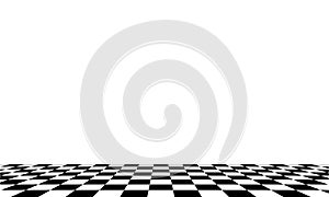 Black and white checkered abstract cosmic background with perspective view.