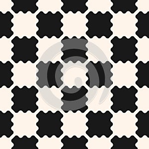 Black and white checkered texture. Vector seamless pattern with curved shapes