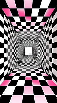 Black and White Checkered Tunnel With Pink Light, A Captivating Visual Experience