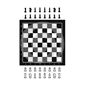 Black and white chess board with pieces in flat style