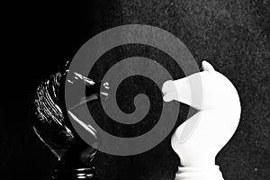 Black and white chess knights nose to nose on black background. Confrontation concept