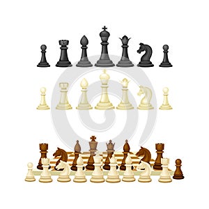 Black and white chess pieces on chessboard set. People playing intellectual strategic board game vector illustration