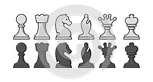 Black and white chess pieces icon set. Flat vector illustration.