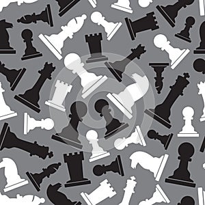 Black and white chess pieces seamless gray pattern