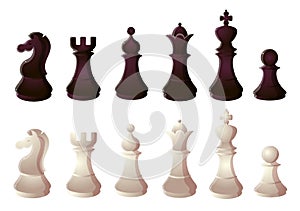 Black and white chess set. Raster illustration in flat cartoon style