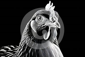 Black and white chicken portrait isolated on black background with clipping path