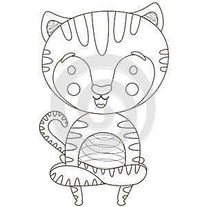 Black and white childish isolated outline illustration of a cute character tiger cub in yoga asana Kukkutasana rooster pose. For c