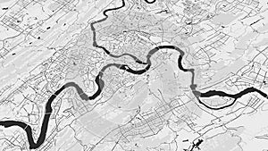 Black and white Chongqing map background loop. Spinning around China city air footage. Seamless panorama rotating over downtown