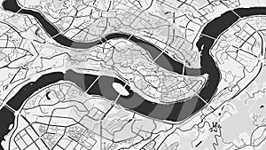 Black and white Chongqing map background loop. Spinning around China city air footage. Seamless panorama rotating over downtown