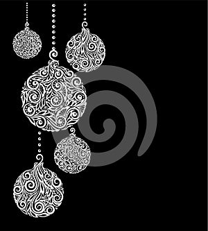 Black and White Christmas background with Christmas balls Hanging . Great for greeting cards