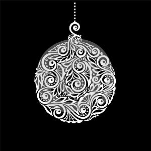 Black and White Christmas ball with a floral swirl flourishes