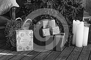 Black and white, Christmas tree with gift boxes, , Christmas interior