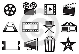 Black and White Cinema Movie Entertainment Vector Icon Set