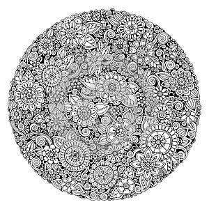 Black and white circle flower ornament, ornamental round lace design. Floral mandala.