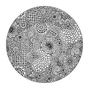 Black and white circle flower ornament, ornamental round lace design. Floral mandala.