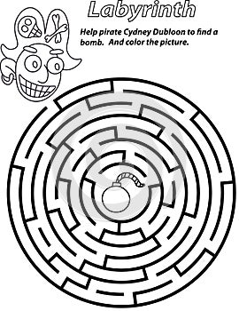 Black and white circle labyrinth with pirate and bomb stock vector illustration.