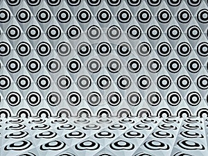 Black and white circles on trapezoid pattern, 3D render.