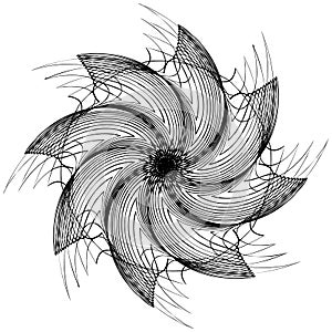 Black and white circular element. Concentric, radial lines with