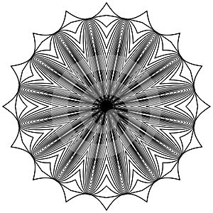 Black and white circular element. Concentric, radial lines with