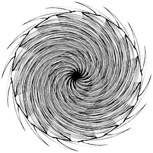 Black and white circular element. Concentric, radial lines with