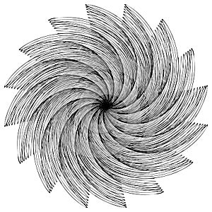 Black and white circular element. Concentric, radial lines with