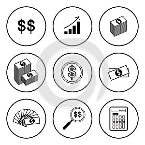 Black and White Circular Icon for Money and Finance Concept Isol
