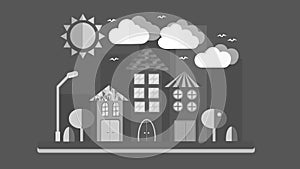 Black and white city landscape in flat style. The city with houses with sloping roof and various beautiful tiles with a lantern su