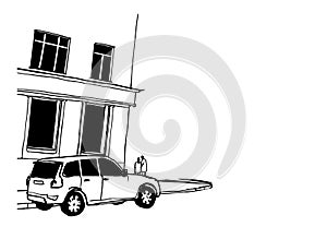 Black and white cityscape sketch. Vector hand drawn illustration of city street with car, building and people.