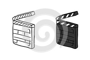 Black and white clapboard as a symbol of movie recording isolated on white background. Hand drawn vector sketch illustration in