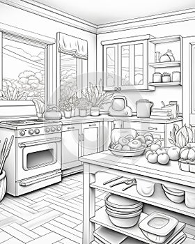 Black and white clean coloring page for adults. kitchen