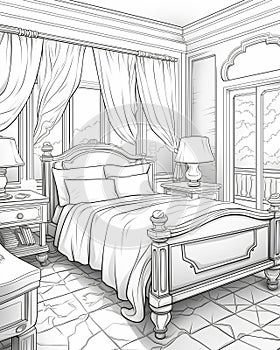 Black and white clean coloring page for adults, modern bedroom