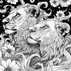 A black and white clipart of a two lions, suitable for colouring