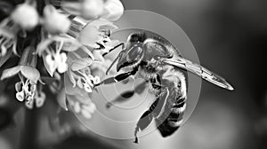 A black and white close-up of a bee delicately perched on a flower, with meticulous detail highlighting the pollination