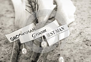 Black and white close up of boutonniÃ¨res with stick puns holding labels for groom,best man and groomsmen