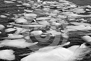Black and white close up of icebergs, growlers in sea