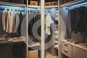 Black and white cloths hanging in wooden wardrobe at home