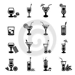 Black and white cocktail icons set