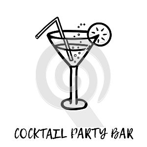 Black and white cocktail with lemon wedge and shadow, bubbles and a straw. Icon. Phrase Cocktail party bar.