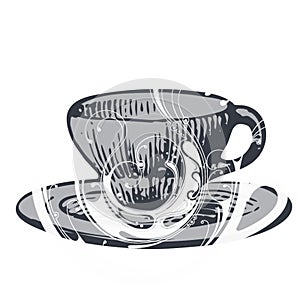 Black and white coffee cup with a drink with a white elegant pattern