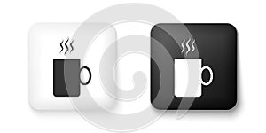 Black and white Coffee cup flat icon isolated on white background. Tea cup. Hot drink coffee. Square button. Vector