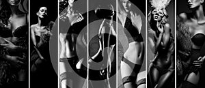 Black and white collage. women posing in beautiful lingerie