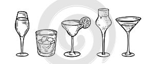 Black and white color cocktails or drinks glasses vector art illustration.