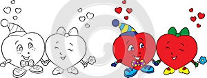 Before and after black and white and color illustration of a heart couple, for Valentine`s Day card or children`s coloring book