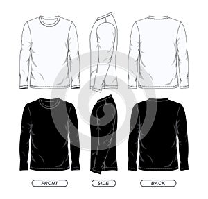 Black and white color long sleeve t shirt design template front side and back view